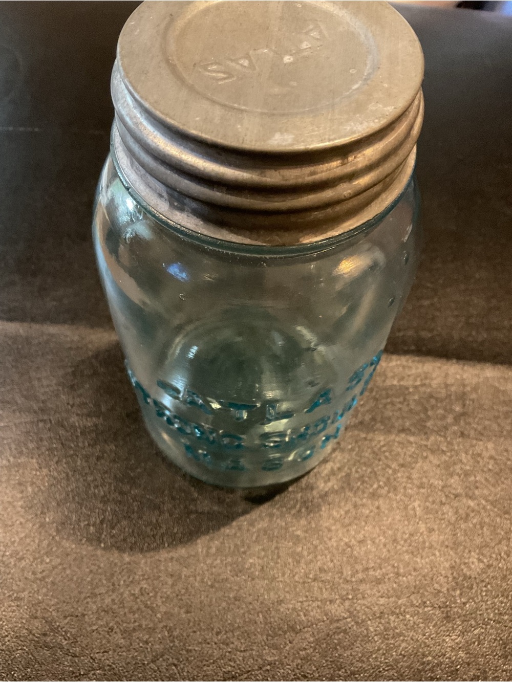 Vintage-Style Blue Glass Atlas Mason Jar with Metal Lid. Quart size